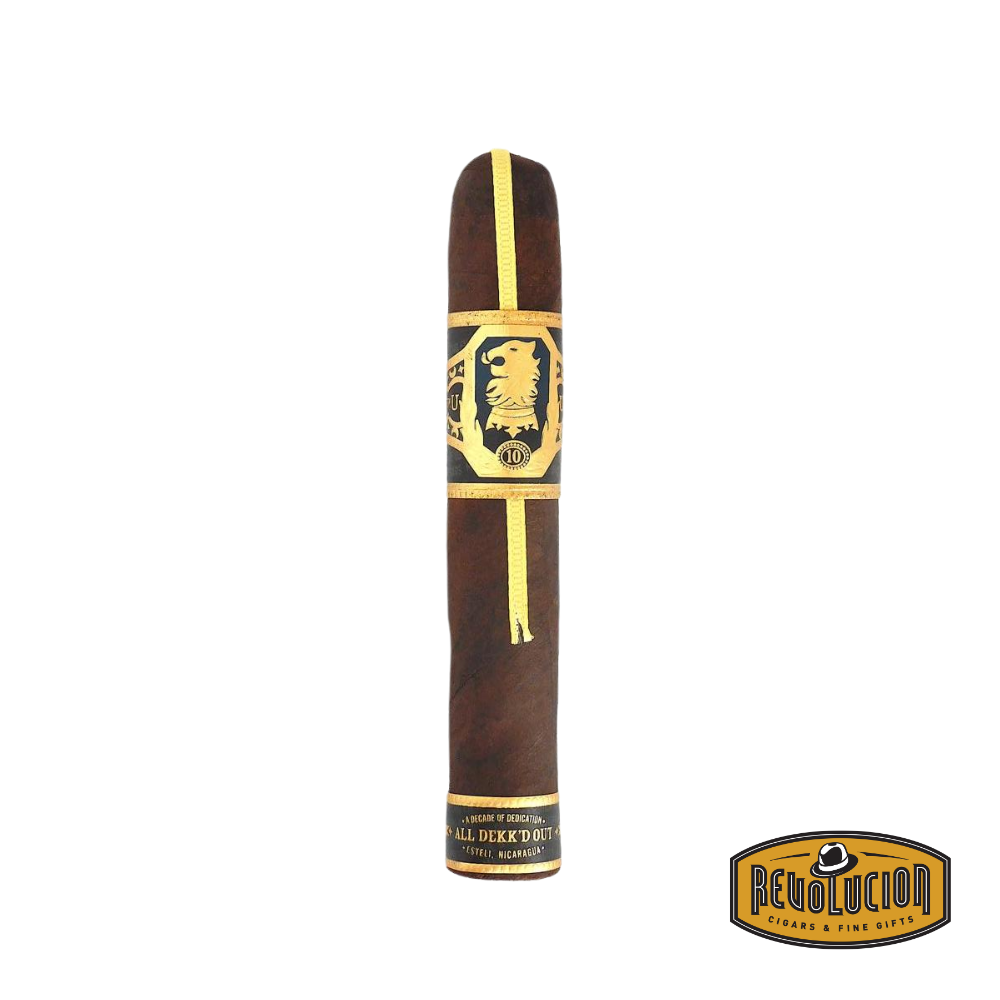 Drew Estate Undercrown Ten Robusto Nicaraguan cigar on a white background with the Revolucion logo, featuring a medium strength profile and the Drew Estate band.
