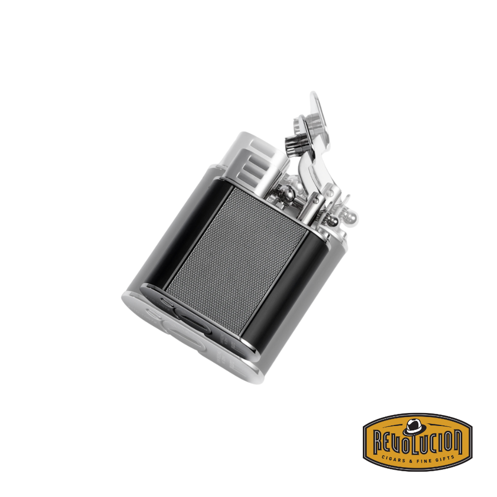 Opened Dunhill Black Barley Turbo Lighter, showcasing its high-performance turbo flame mechanism, designed for precision and reliability in any condition.