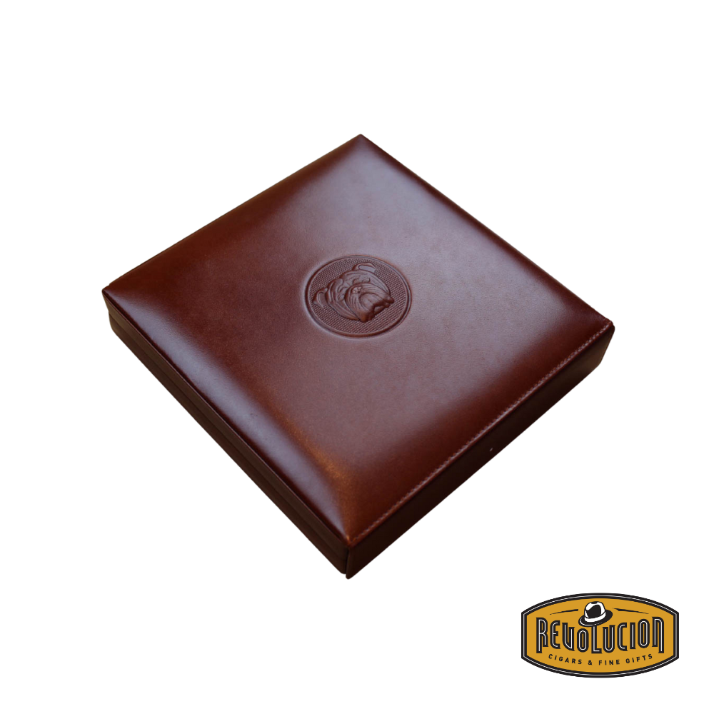 Closed Dunhill Bulldog Travel Humidor in brown, featuring a distinguished bulldog logo embossed on the lid, adding a touch of classic elegance.