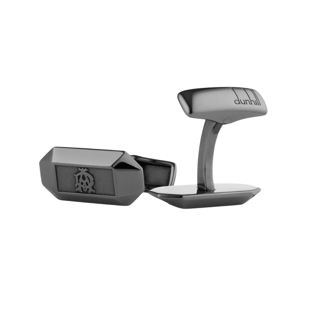 Elegant Dunhill cufflinks in a ruthenium prism design, featuring a sleek geometric structure with a dark metallic finish, perfect for adding a touch of modern sophistication to any formal attire.