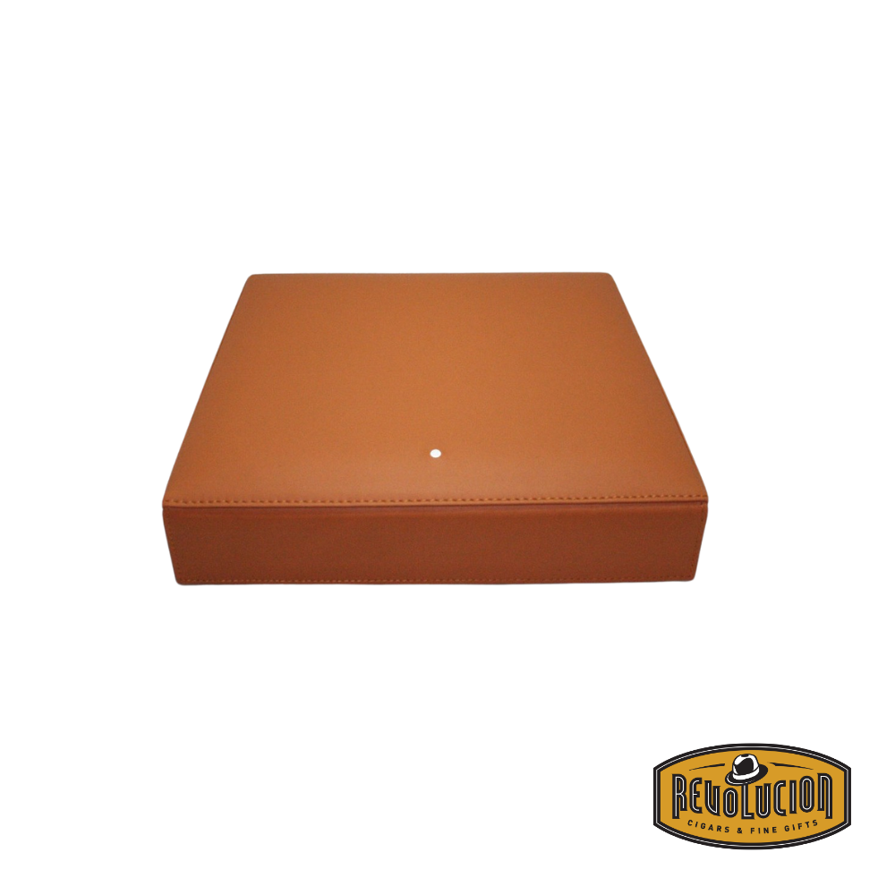 Closed view of the Dunhill Terracotta Travel Humidor, showcasing its elegant terracotta-colored exterior with a premium finish.