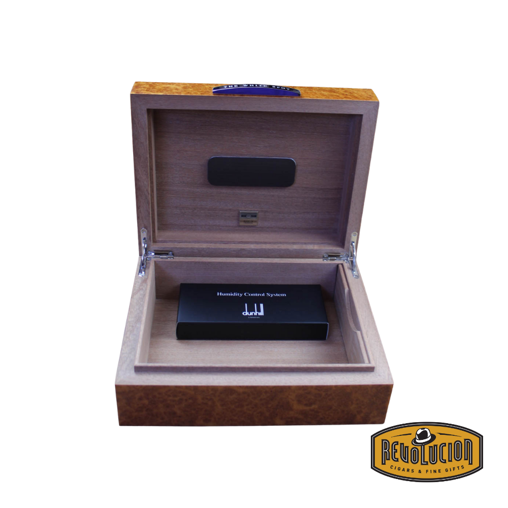 Opened Dunhill White Spot Amboyna Burl Humidor - 50 Count, revealing a spacious, cedar-lined interior with an advanced humidification system for premium cigar preservation.