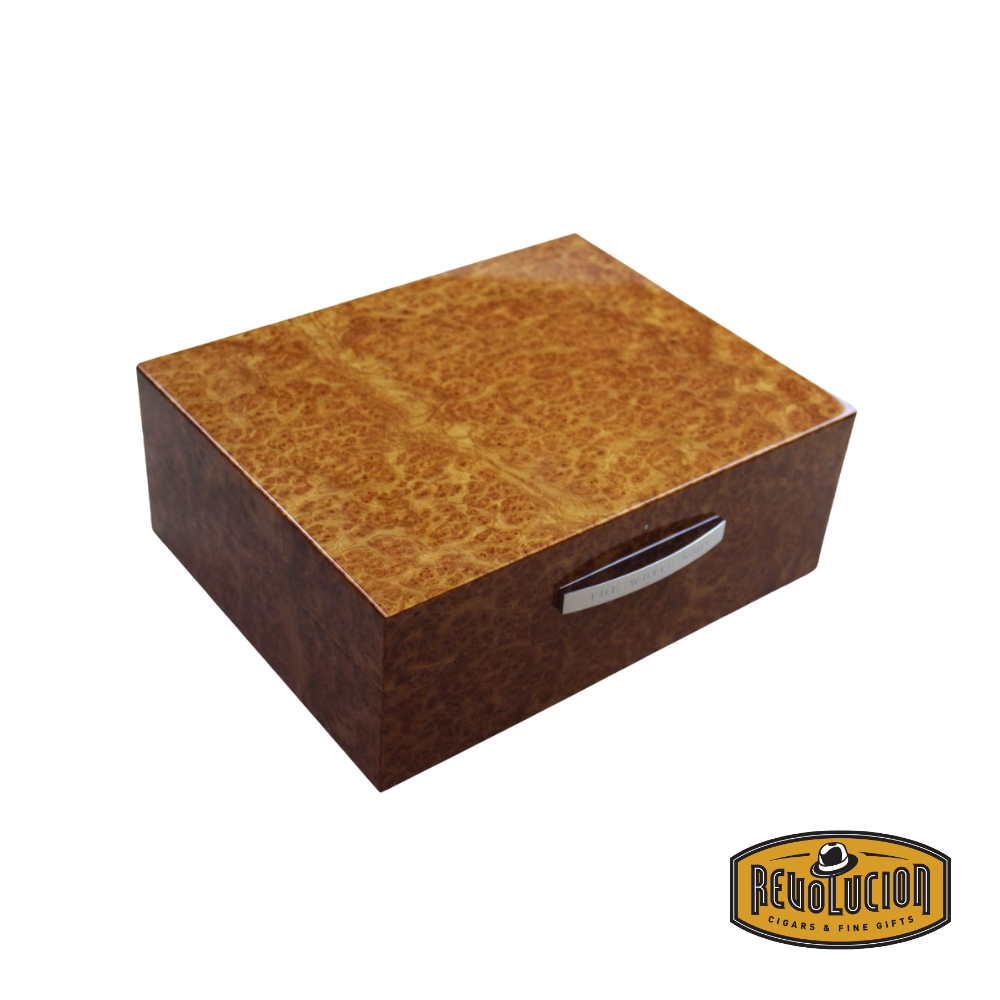 Closed Dunhill White Spot Amboyna Burl Humidor - 50 Count, showcasing a luxurious Amboyna burl wood finish with a refined, high-gloss polish.