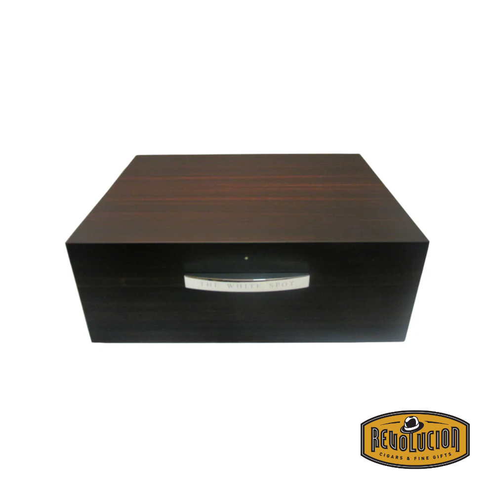 Closed Dunhill White Spot Macassar Ebony Humidor - 50 Count, featuring an elegant Macassar ebony wood finish with a polished design.