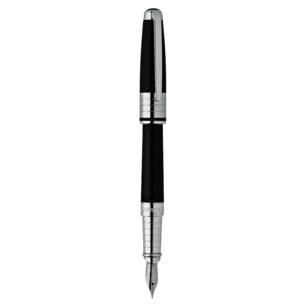 A sleek, full-length image of the Dupont Olympio Medium fountain pen, with a glossy black lacquer body complemented by polished palladium accents and a distinguished clip design.