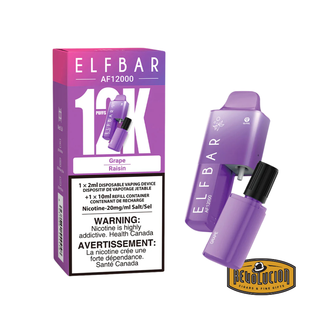 ELF Bar 12000 Grape 20mg/ml disposable vape, delivering a rich and sweet grape flavor in a high-capacity, rechargeable device.