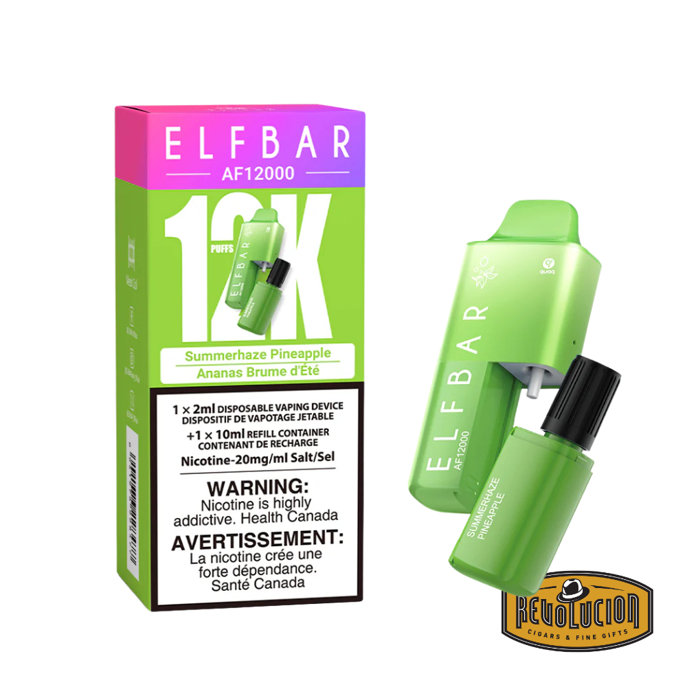 ELF Bar 12000 Summer Haze Pineapple 20mg/ml disposable vape, offering a tropical pineapple flavor with a breezy summer twist in a high-capacity, rechargeable device.