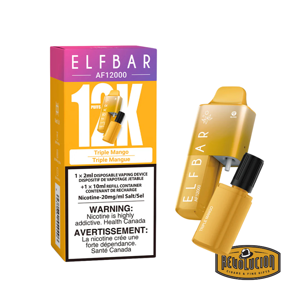 ELF Bar 12000 Triple Mango 20mg/ml disposable vape, packed with an intense burst of layered mango flavors in a sleek, high-capacity device.