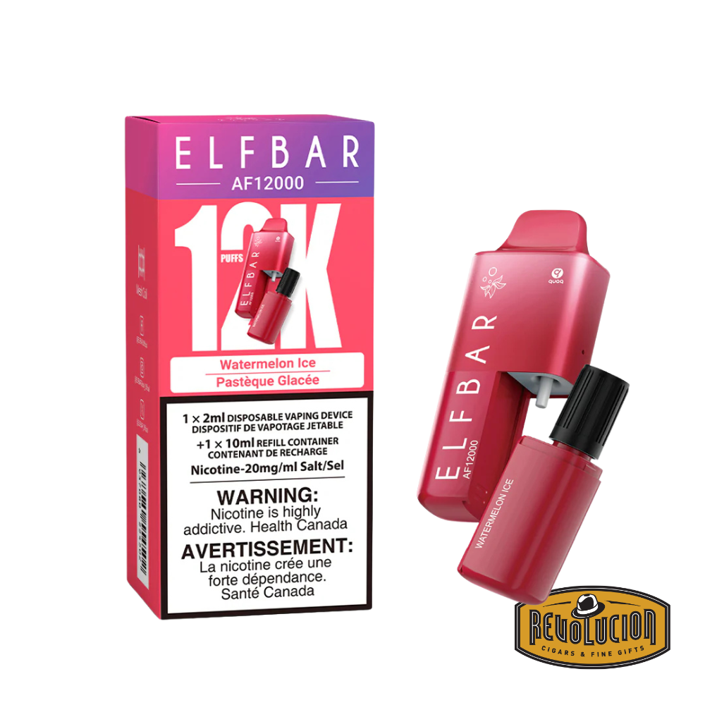 ELF Bar 12000 Watermelon Ice 20mg/ml disposable vape, featuring a sweet watermelon flavor with a refreshing icy finish in a sleek, long-lasting device.