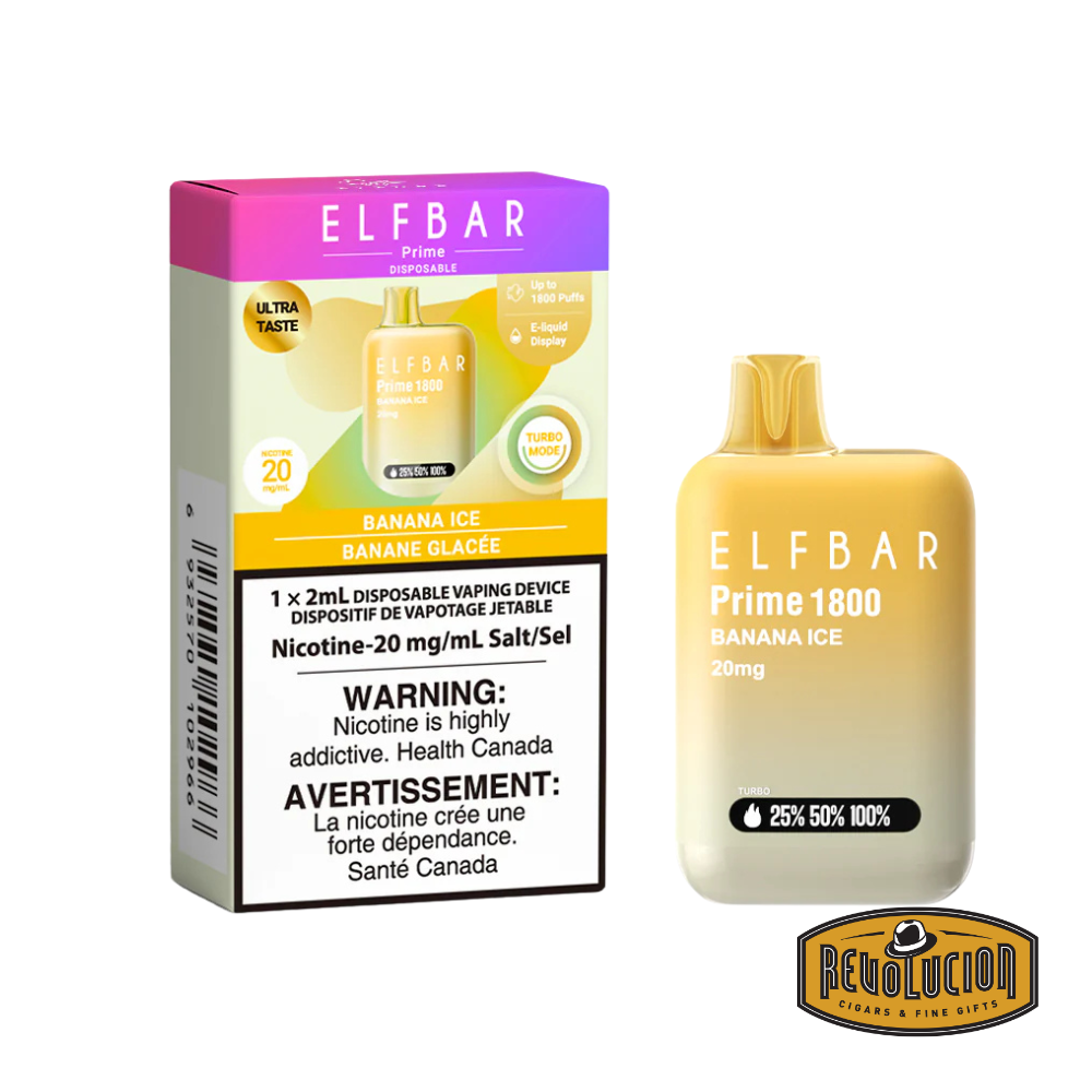 ELF Bar Prime 1800 Banana Ice 20mg/ml disposable vape, featuring creamy banana flavor with a cool menthol twist in a compact, high-capacity device.