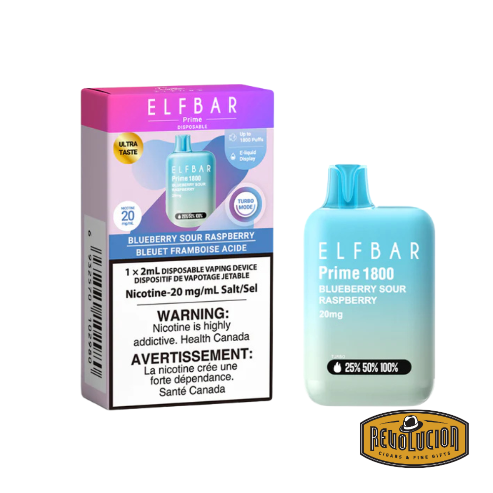 ELF Bar Prime 1800 Blueberry Sour Raspberry 20mg/ml disposable vape, featuring a tangy blend of sweet blueberries and sour raspberries in a sleek, portable device.