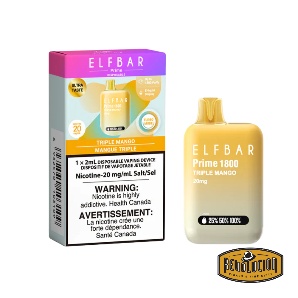 ELF Bar Prime 1800 Triple Mango 20mg/ml disposable vape, offering an intense burst of layered mango flavors in a sleek, high-capacity device.