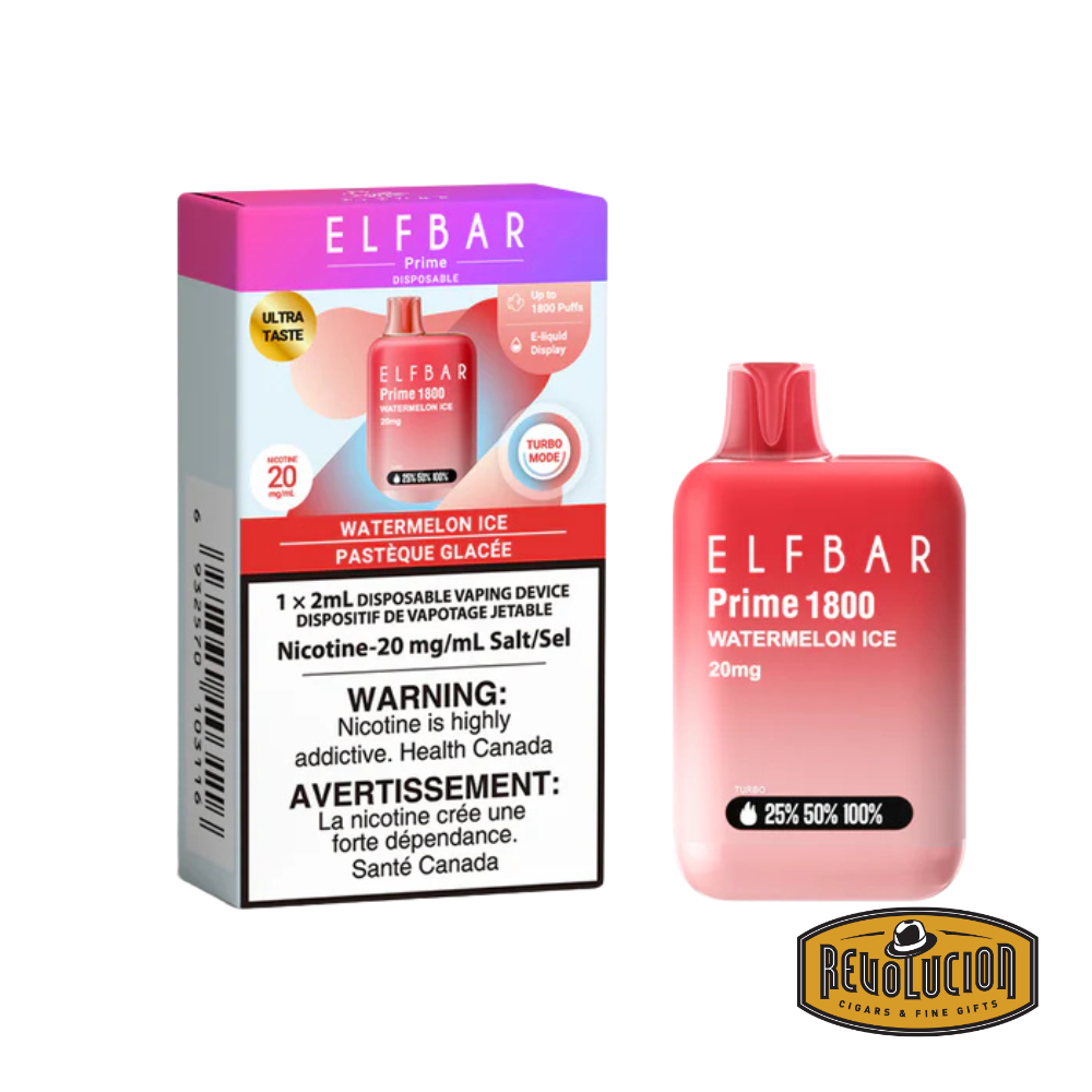 ELF Bar Prime 1800 Watermelon Ice 20mg/ml disposable vape, combining juicy watermelon flavor with a crisp icy finish in a compact, stylish device.