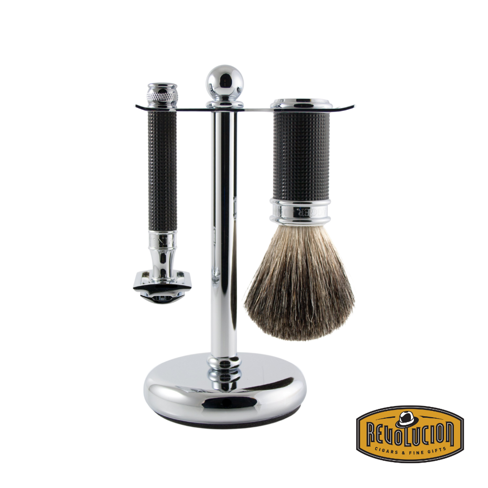 Edwin Jagger 3-piece DE shaving set with 3D black diamond chrome razor, synthetic brush, and chrome stand.