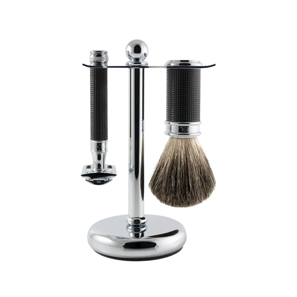 Edwin Jagger 3-piece DE shaving set with 3D black diamond chrome razor, synthetic brush, and chrome stand.