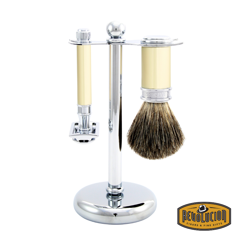 Three-piece Edwin Jagger shaving set in ivory, featuring a safety razor, badger hair brush, and chrome stand.