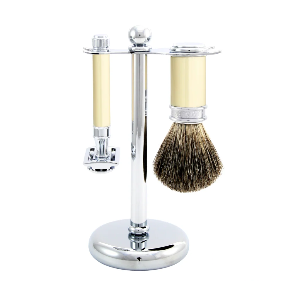 Three-piece Edwin Jagger shaving set in ivory, featuring a safety razor, badger hair brush, and chrome stand.