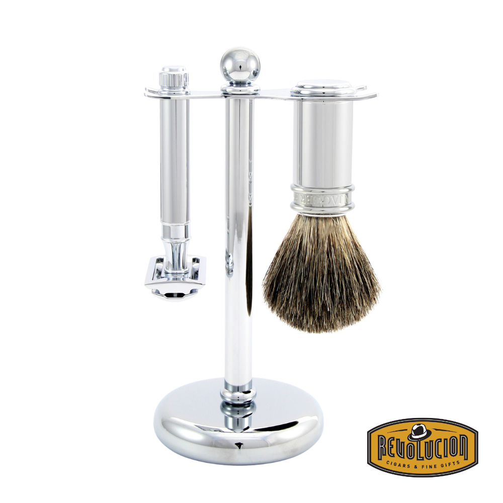 Edwin Jagger 3-piece shaving set in pure nickel finish, featuring a safety razor, badger hair brush, and matching stand.