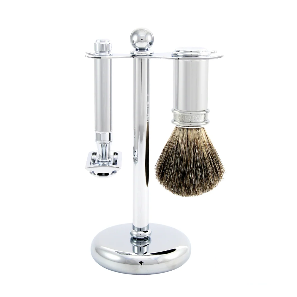 Edwin Jagger 3-piece shaving set in pure nickel finish, featuring a safety razor, badger hair brush, and matching stand.