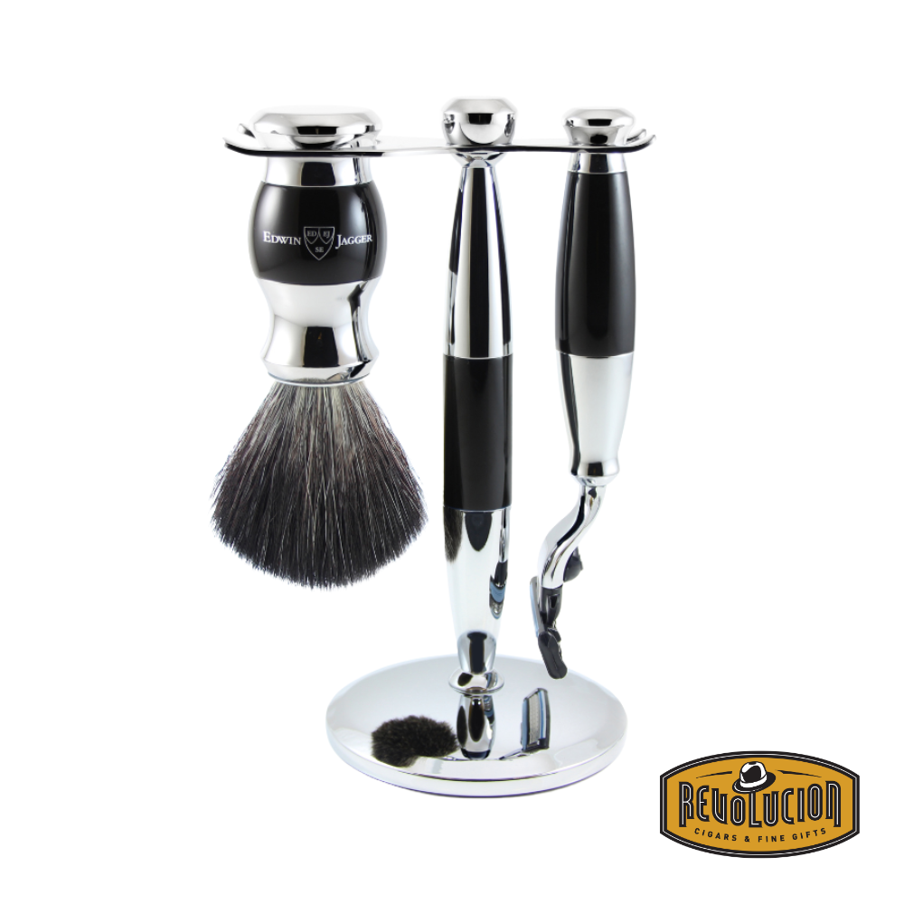Edwin Jagger 3-piece 36 Series shaving set in ebony black with double edge razor and synthetic brush.