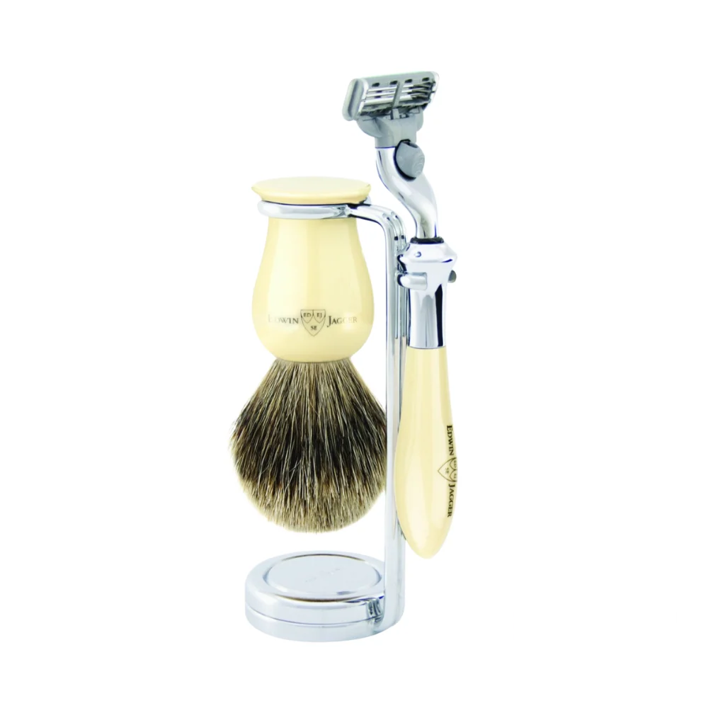 Edwin Jagger 3-piece Riva Ivory Mach3 razor set displayed from the front.