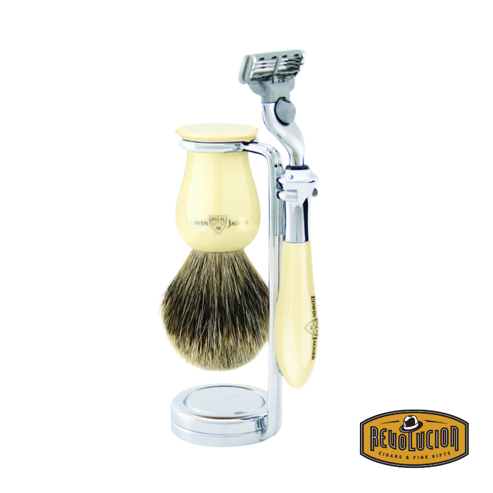 Edwin Jagger 3-piece Riva Ivory Mach3 razor set displayed from the front.