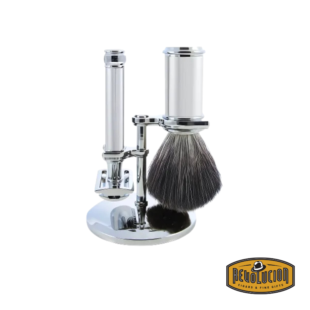 Edwin Jagger 3pc shaving set with lined black handles, including a DE razor, synthetic brush, and chrome stand.