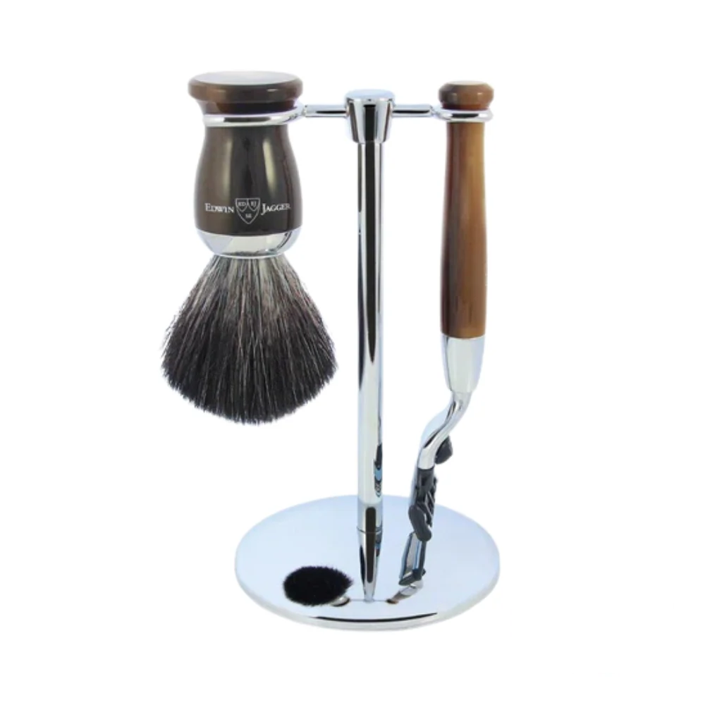Edwin Jagger 3-piece Mach3 shaving set with light horn handles and chrome finish.