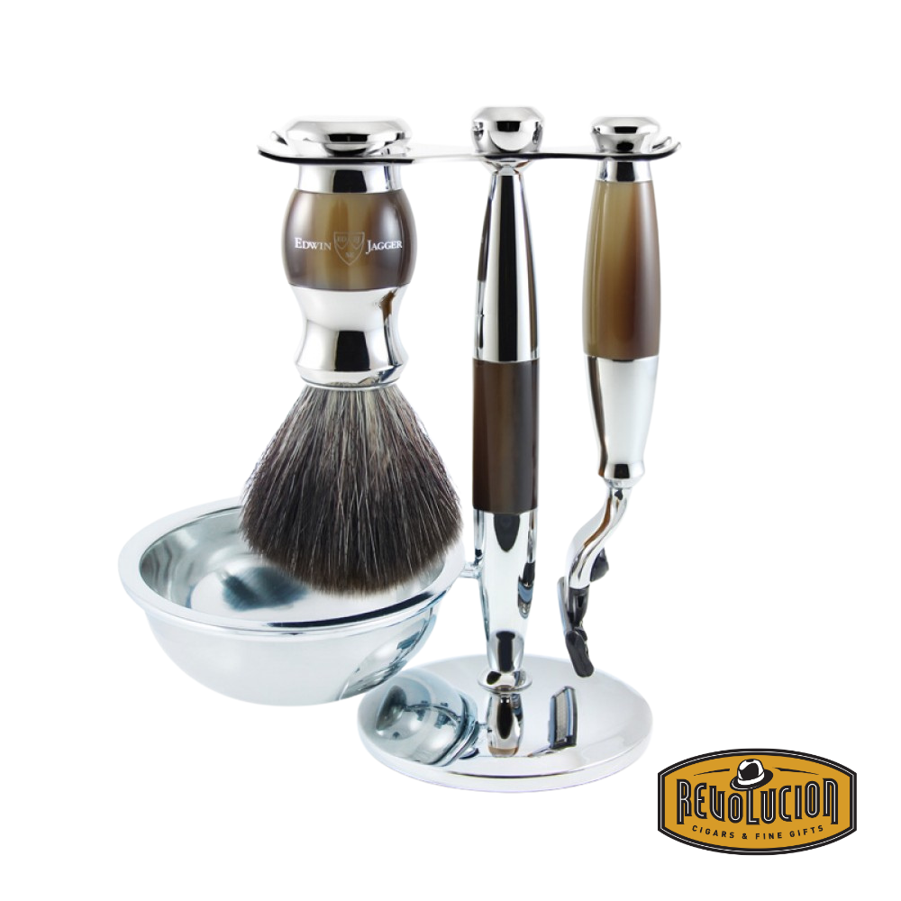 Edwin Jagger 4-piece Mach 3 shaving set with light horn handles and synthetic brush.