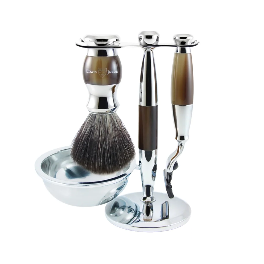 Edwin Jagger 4-piece Mach 3 shaving set with light horn handles and synthetic brush.