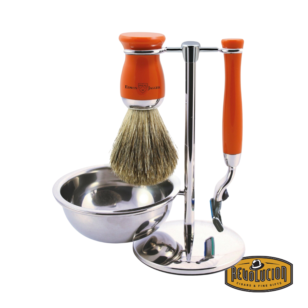 Edwin Jagger 4pc Pure Badger Mach3 Shaving Set in vibrant orange with chrome accents, displayed upright.