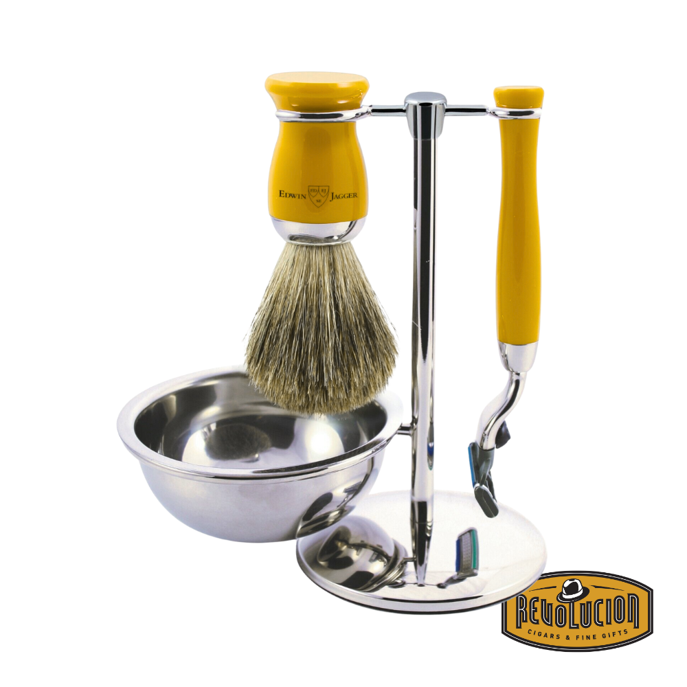 Edwin Jagger 4pc Pure Badger Mach3 Shaving Set in bright yellow with sleek chrome details, presented with brush, razor, and stand.
