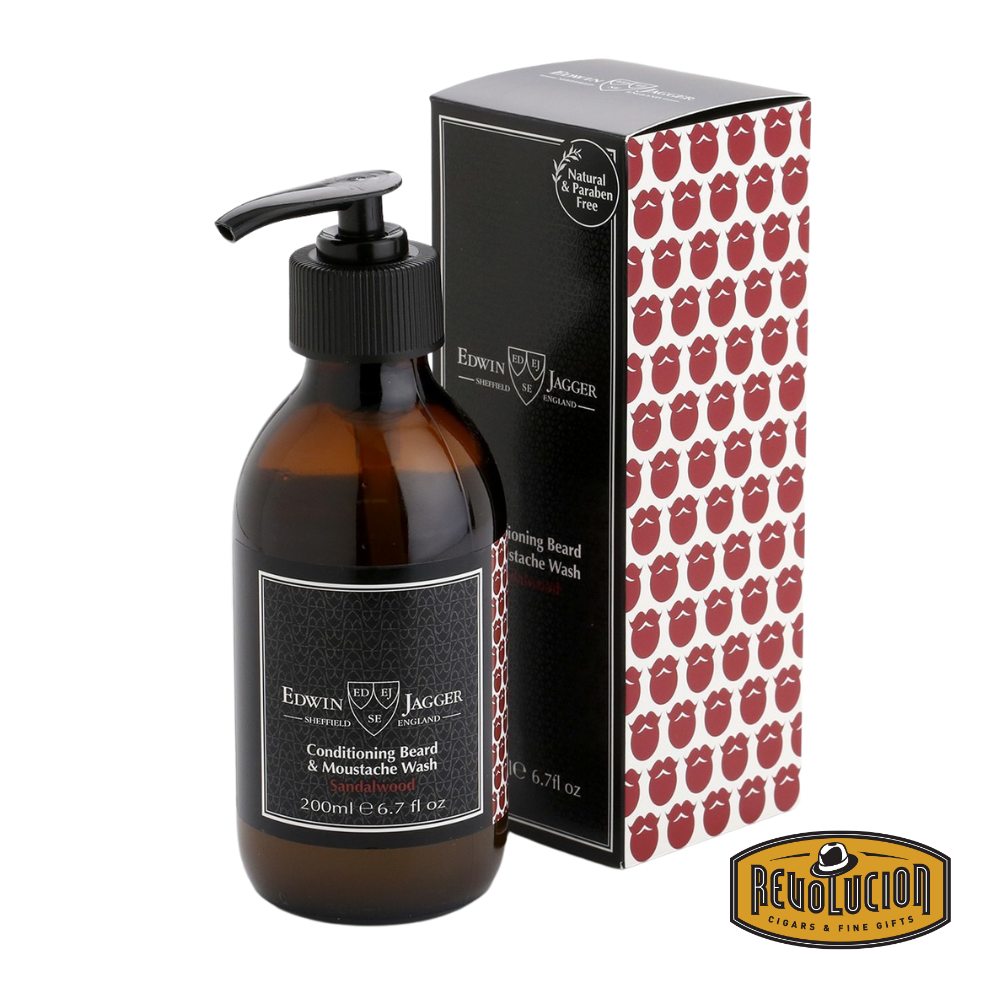 Edwin Jagger Beard & Moustache Wash Sandalwood – Clear bottle with black cap placed in front of matching product box, both featuring classic Edwin Jagger branding.