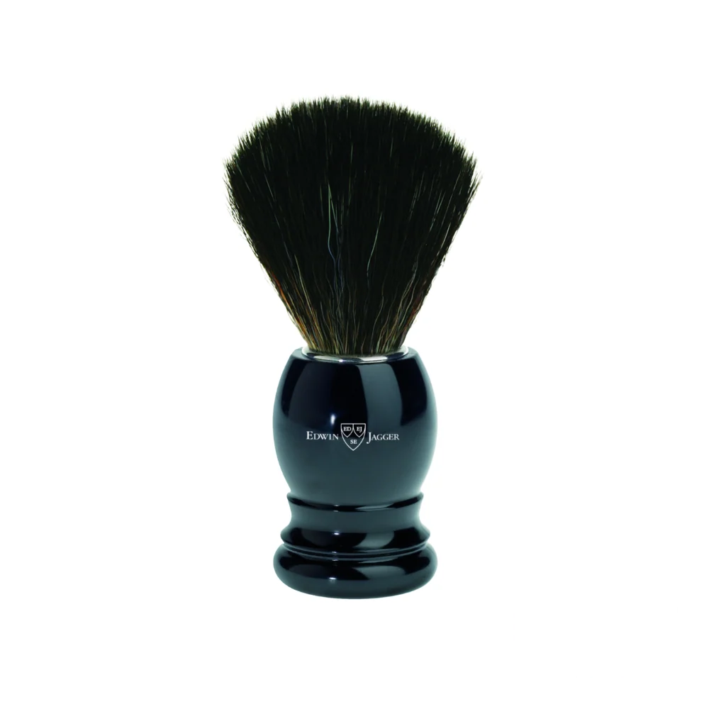 Edwin Jagger shaving brush with black synthetic fiber and ebony handle.