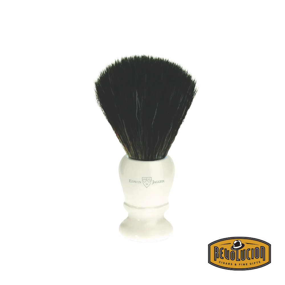 Edwin Jagger Ivory & Black Synthetic Fiber Shaving Brush – classic ivory and black handle with soft synthetic bristles designed for a smooth lather.