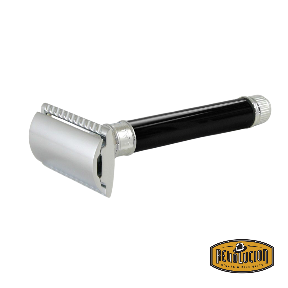 Edwin Jagger DE Safety Razor with extra-long ebony handle and chrome-plated head.