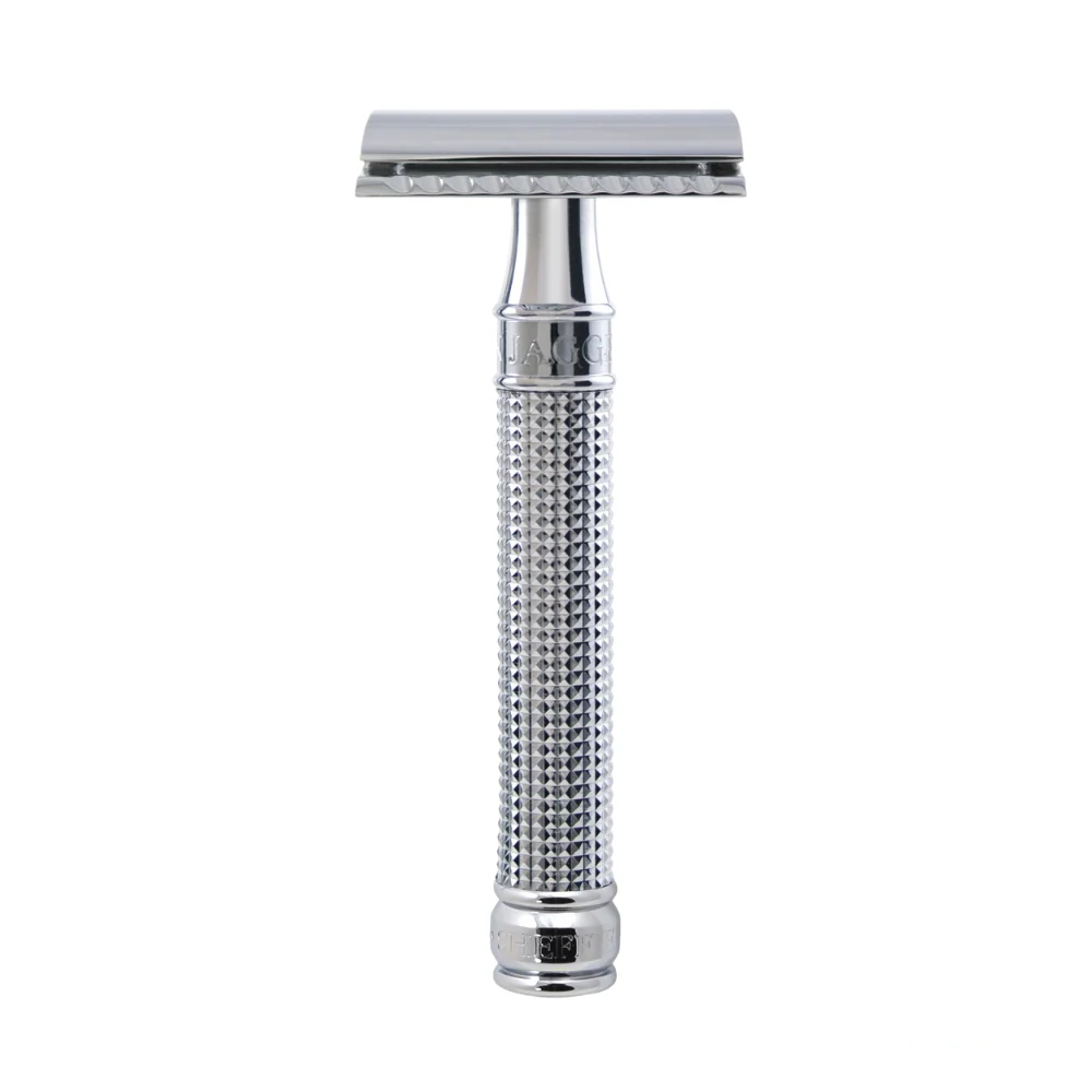 Edwin Jagger Diamond Double Edge Razor with a textured diamond-pattern handle and chrome finish for enhanced grip and elegance.