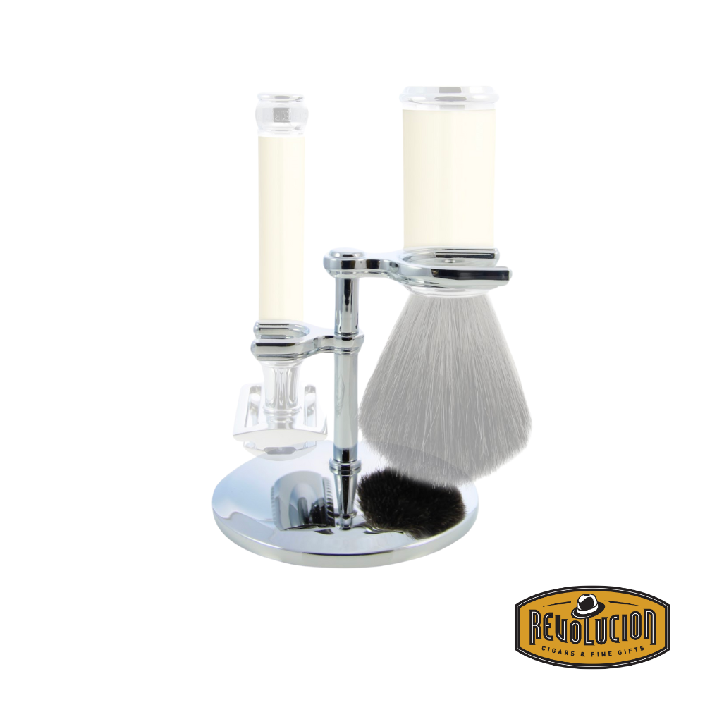 Edwin Jagger chrome stand holding a double edge razor and shaving brush for display purposes.