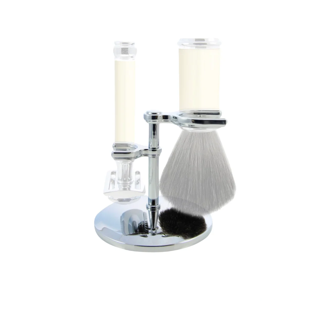 Edwin Jagger chrome stand holding a double edge razor and shaving brush for display purposes.