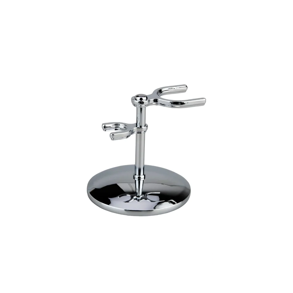 Chrome-plated Edwin Jagger double edge razor and brush stand shown on its own.