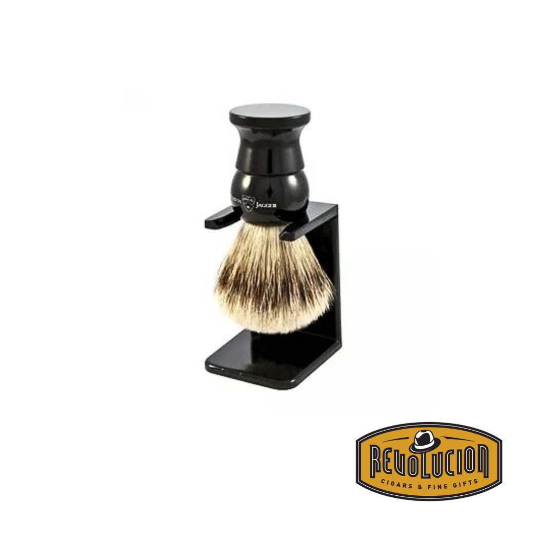 Edwin Jagger Imitation Ebony Medium Synthetic Silver Tip Fibre Brush with a sleek black drip stand, designed for optimal drying and longevity.