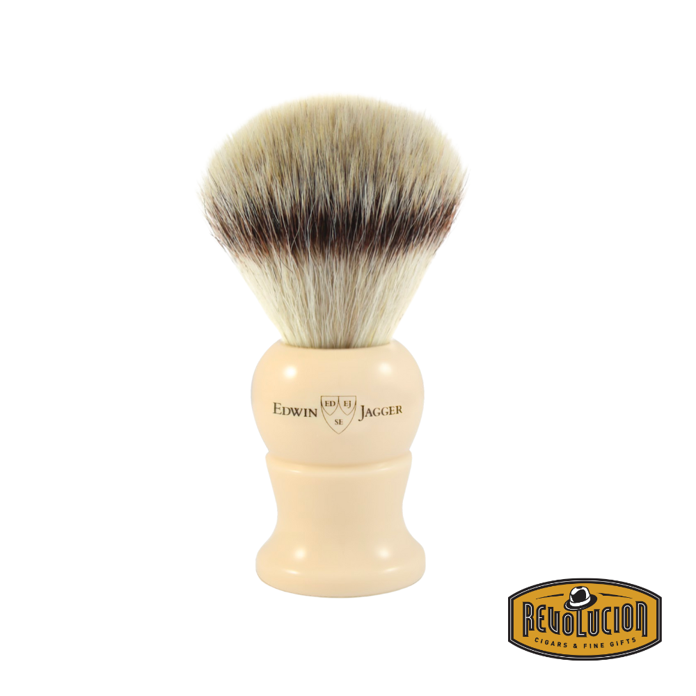 Edwin Jagger ivory shaving brush with large synthetic silver tip bristles.