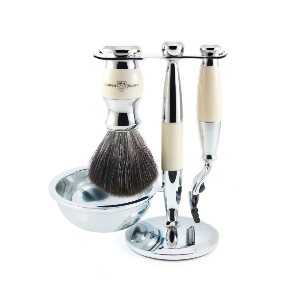 Edwin Jagger Mach 3 Safety Razor, 4 pc, Imitation Ivory, Black Synthetic fibre with stand and bowl, Chrome Plated, Complimentary Feather Blade. Revolucion Lifestyle Vancouver, mens gifts, shaving, grooming and tobacco shop