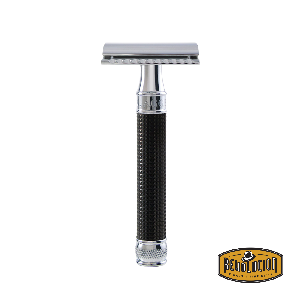 Edwin Jagger Double Edge Razor with sleek black chrome finish.