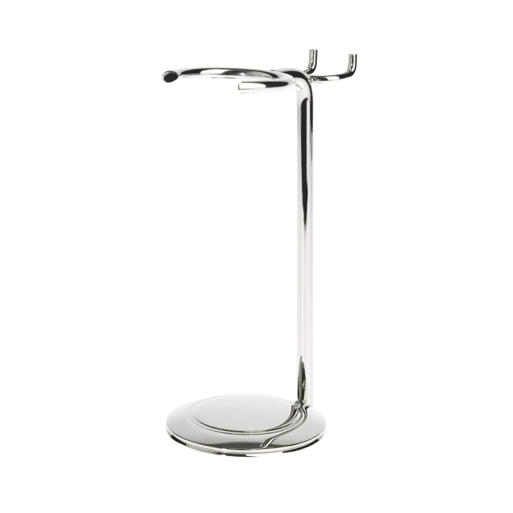 Edwin Jagger chrome-plated stand designed to hold a razor and shaving brush.