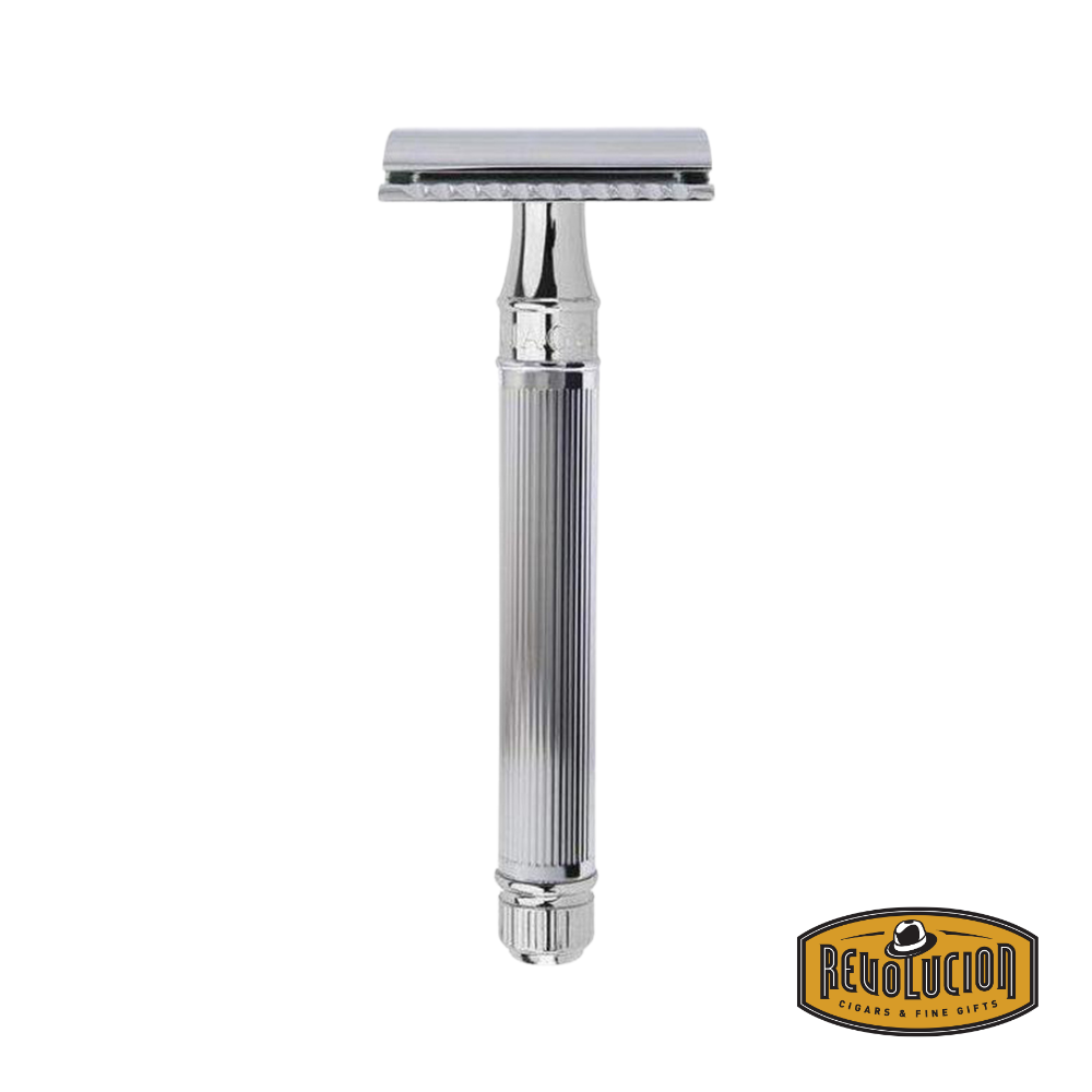 Edwin Jagger DE Razor with extra-long, lined chrome handle, offering a refined grip and elegant design for traditional wet shaving.