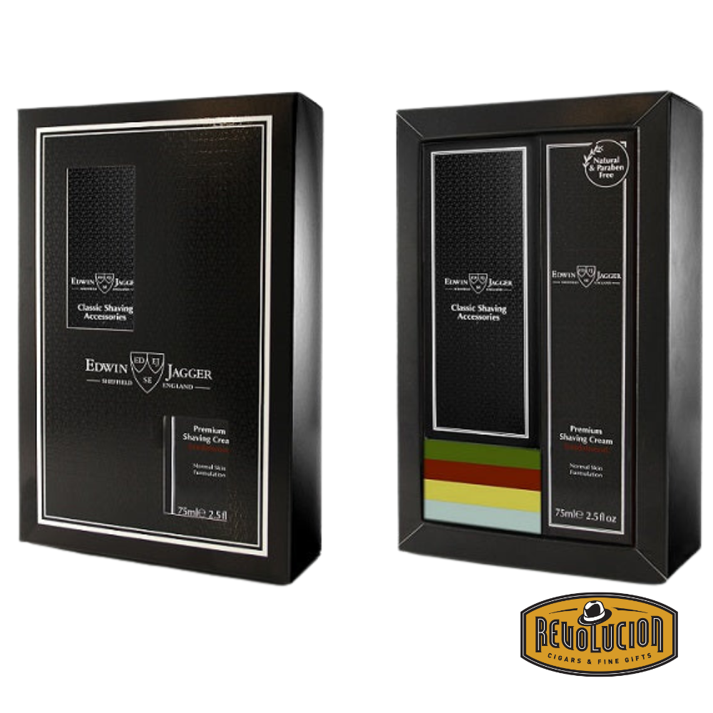 Close-up of the Edwin Jagger DE86BL Safety Razor and sandalwood shaving cream presented in an elegant gift box.