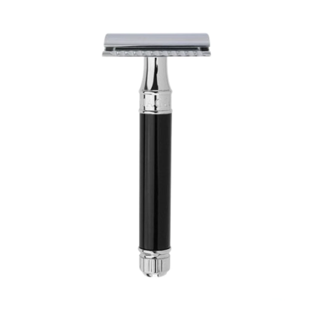 Top view of the Edwin Jagger shaving set displaying the razor, cream tube, and branded presentation box.