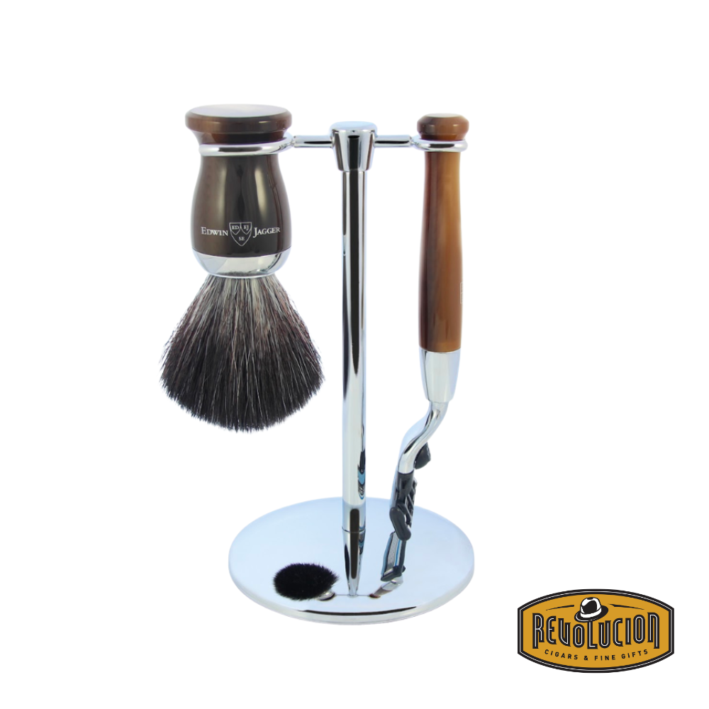 Edwin Jagger 72 Series 3-piece shaving set with light horn finish, Mach3 razor, synthetic brush, and stand.
