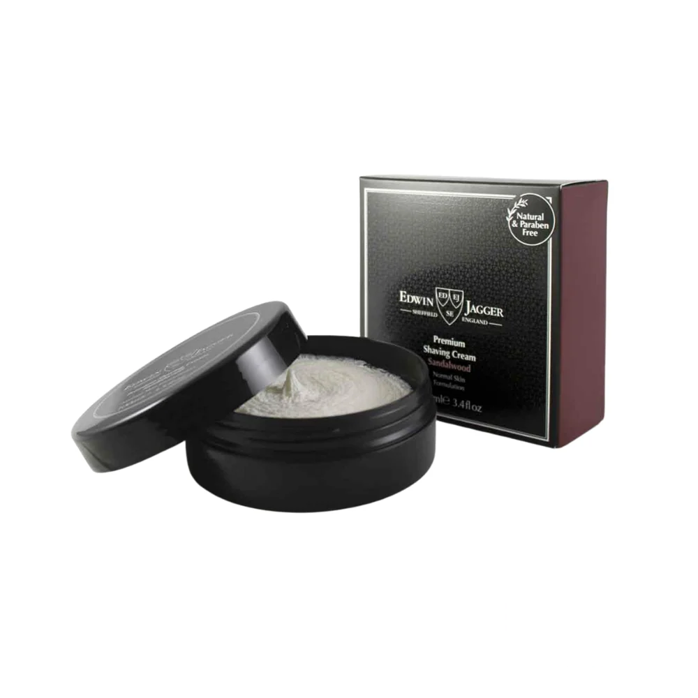 Image of Edwin Jagger Shaving Cream in Sandalwood scent showing the product box and the opened metal can revealing the cream inside.